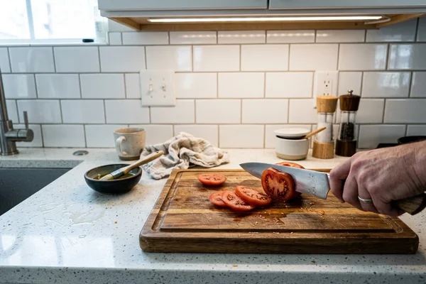 Diffused under-cabinet light over a cutting board