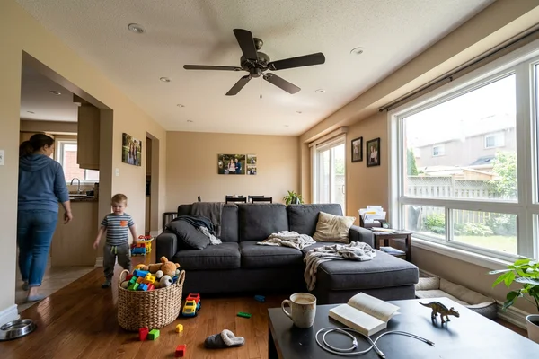Family room with potlights around a ceiling fan in Markham