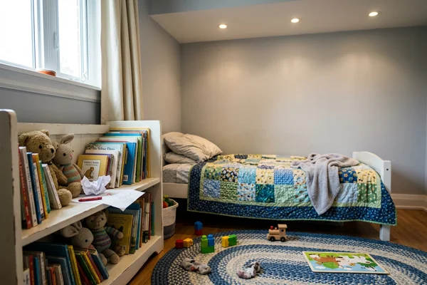 Kids bedroom with three dimmed warm potlights in Leaside