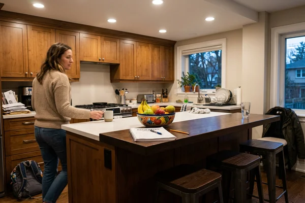 Kitchen island lit by four warm white potlights in Forest Hill