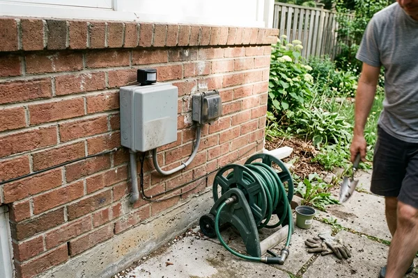 Low-voltage transformer with photocell on a house wall