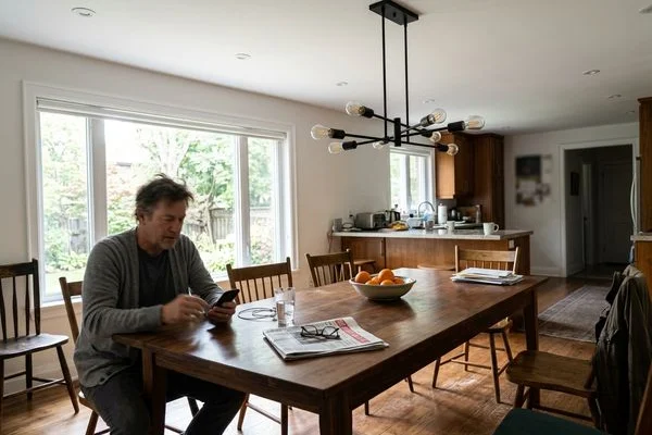 Linear chandelier over a dining table with potlights