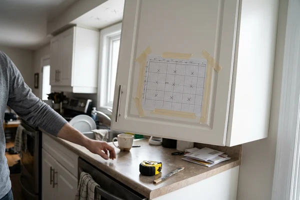 Drawn-to-scale potlight layout taped to a kitchen cabinet before drilling