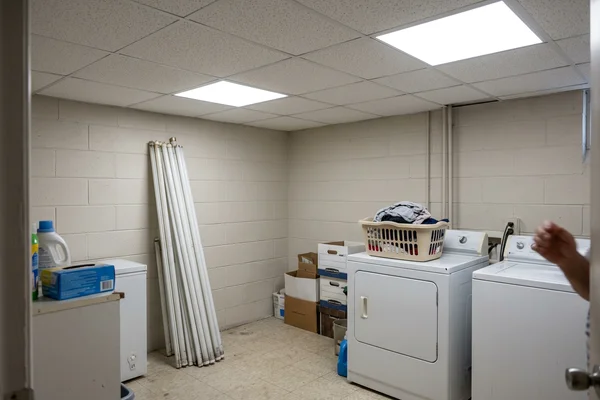 Drop ceiling basement with new LED potlights replacing fluorescent tubes