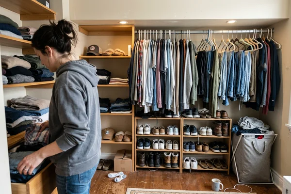 Walk-in closet lit by two LED potlights