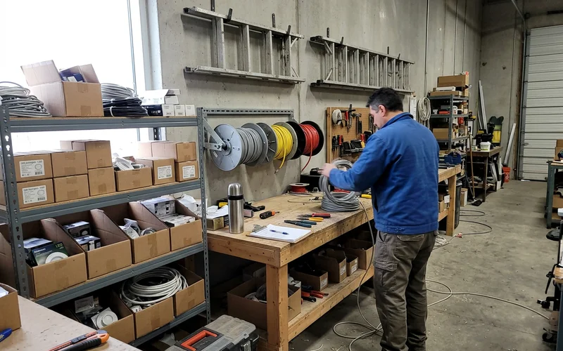 Organised Vaughan workshop with boxed LED potlights and cable spools