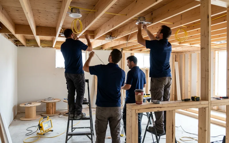 Electricians wiring potlights between exposed basement joists