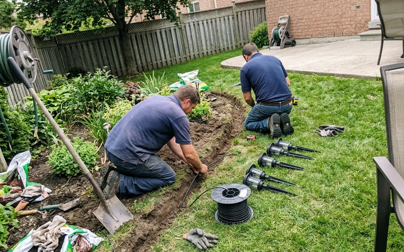 Electricians burying low-voltage cable beside a garden bed
