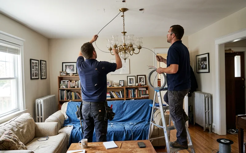 Electricians fishing cable through a living room ceiling beside a chandelier