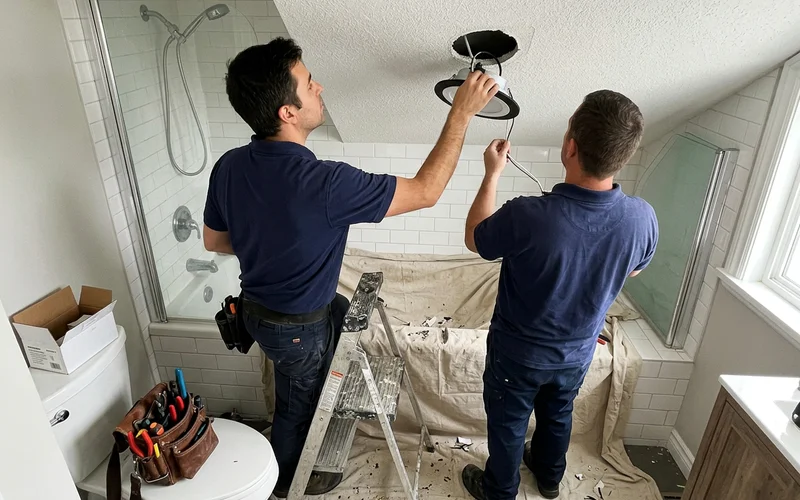 Electricians fitting a sealed wet-rated potlight above a shower