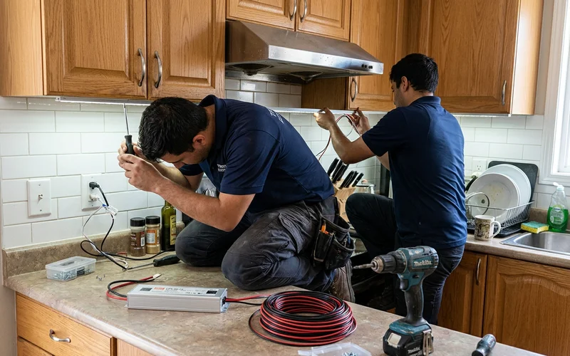 Electricians fitting LED tape channel under kitchen cabinets