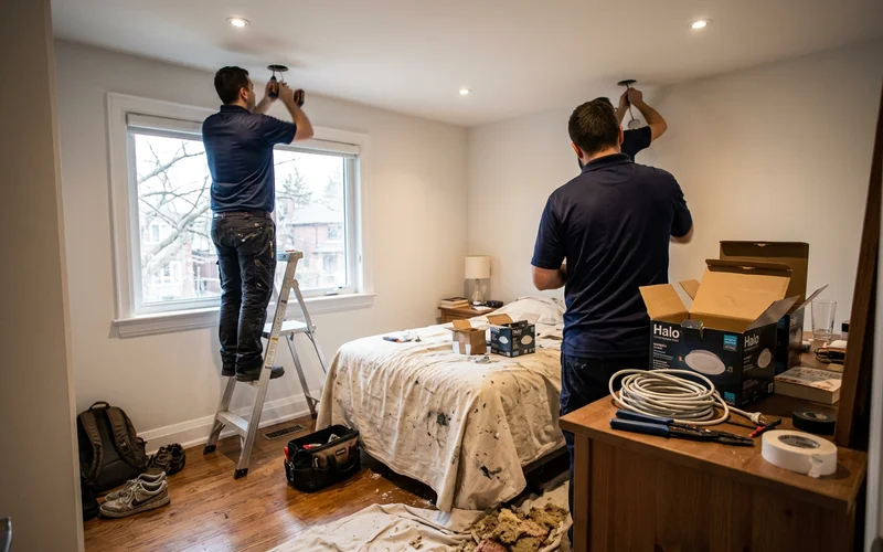 Two electricians installing bedroom potlights over a covered bed