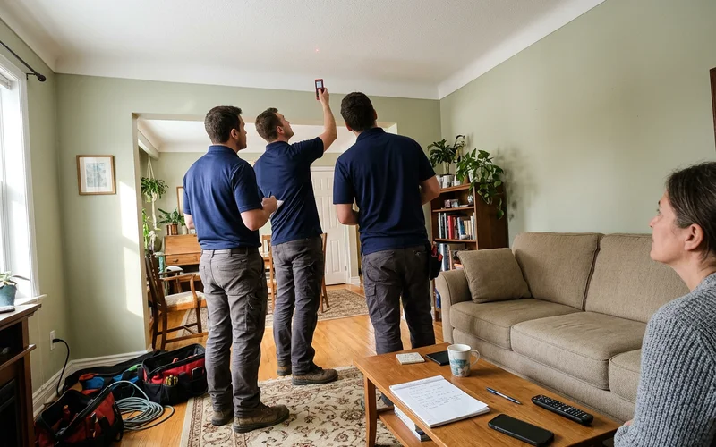 Two electricians measuring a ceiling during an in-home consultation