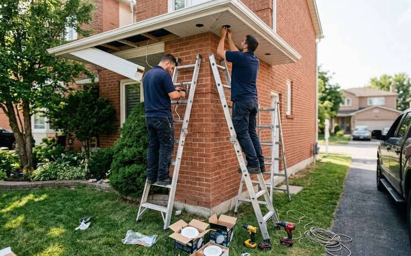 Two electricians installing sealed potlights in an aluminum soffit