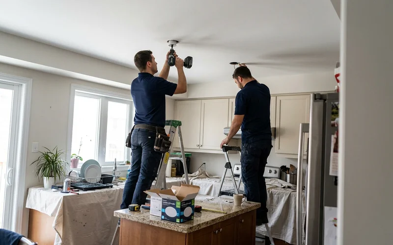 Two electricians cutting potlight openings in a kitchen ceiling over drop cloths