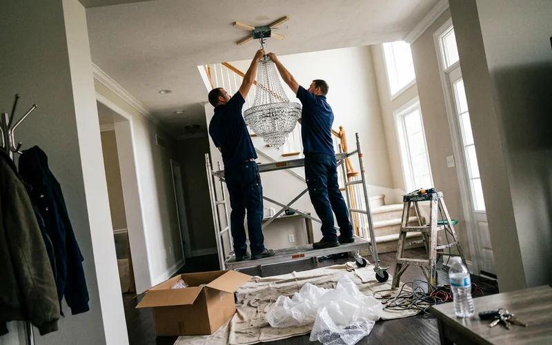 Two electricians on scaffolding hanging a heavy chandelier