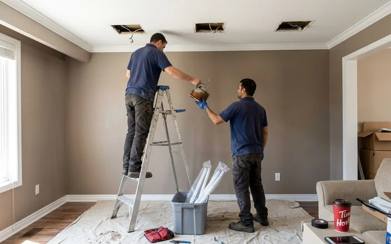 Electricians removing old halogen housings and bagging fluorescent tubes