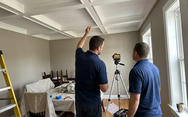 Electricians marking coffer panel centres with a laser level