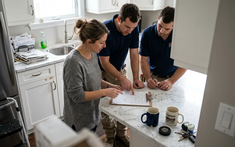 Two electricians reviewing a potlight layout with a homeowner