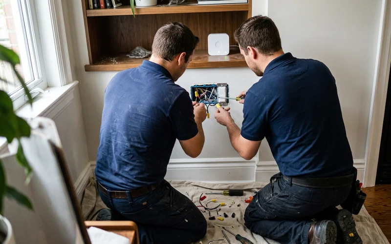 Electricians wiring a Lutron Caseta smart dimmer beside a Hue bridge