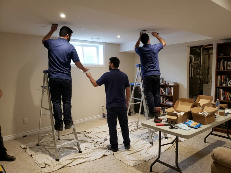 Three crew members installing LED potlights in a finished basement