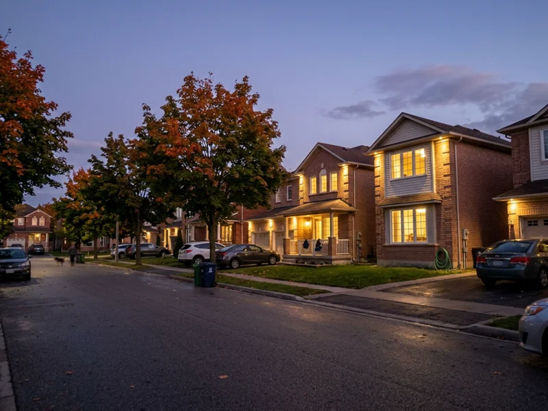 GTA street of detached homes at dusk with warm soffit lighting