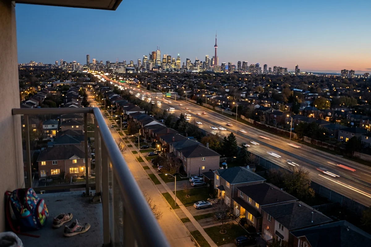 Dusk view of GTA suburbs with lit homes and the downtown skyline