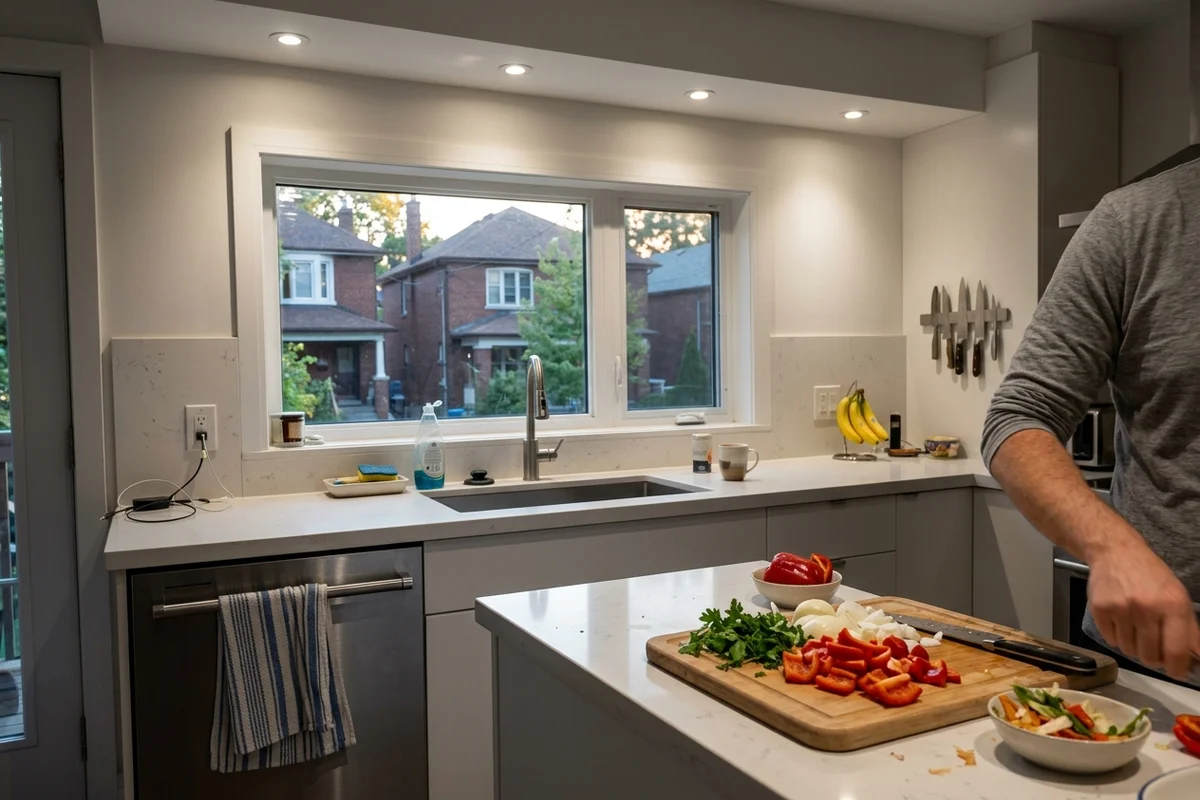 Toronto kitchen with slim LED potlights over the island and sink