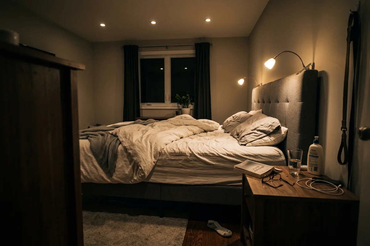 Master bedroom with warm potlights and headboard reading lights