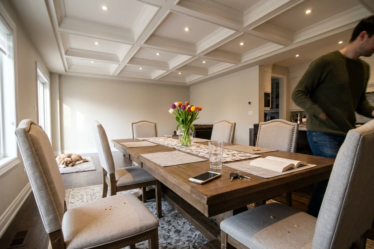 Coffered dining room ceiling with a small potlight centred in each panel