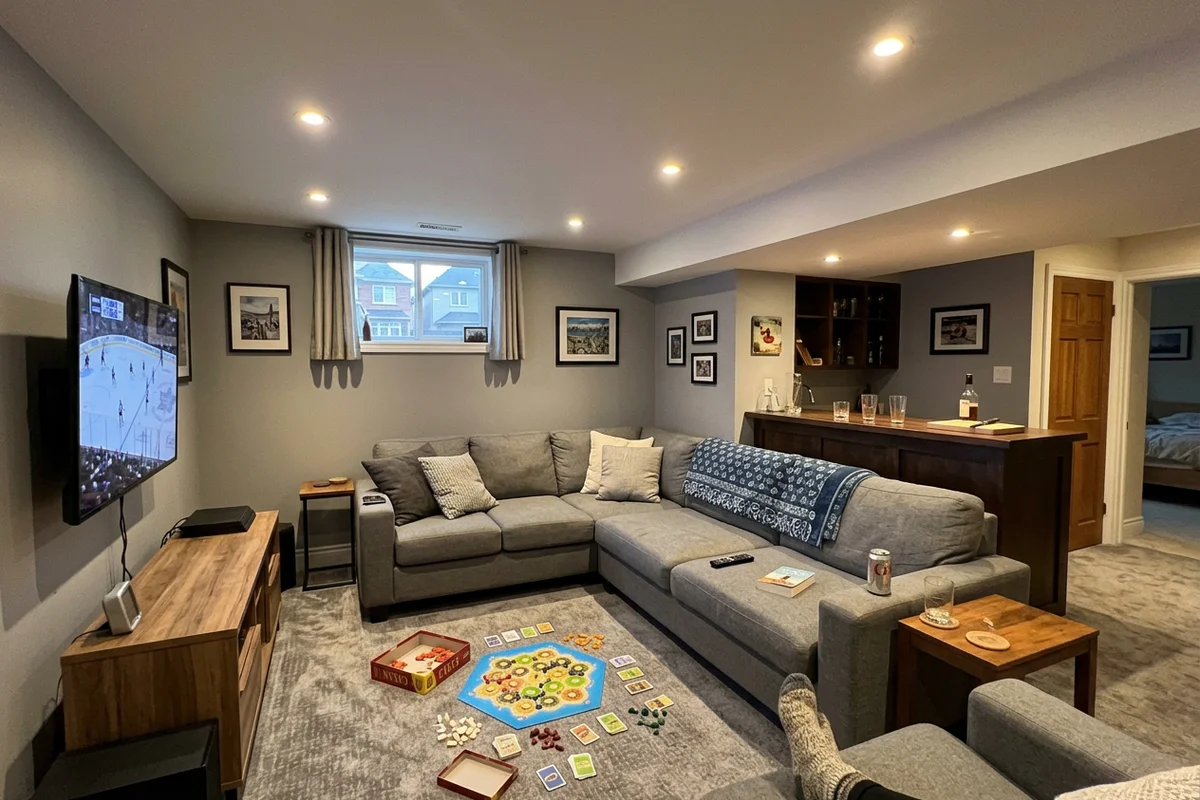 Finished Toronto basement rec room lit by rows of LED potlights