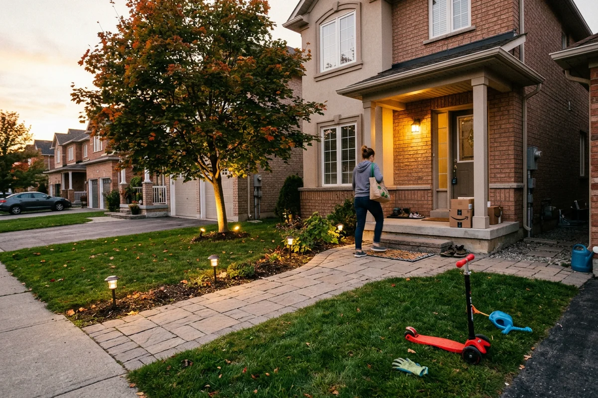 Front yard at dusk with LED path lights and an uplit maple tree