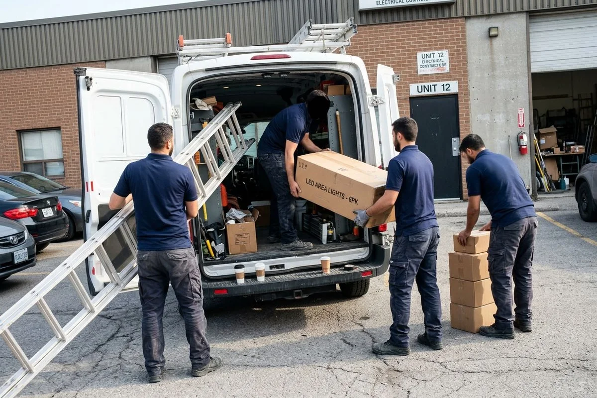 Crew unloading ladders and fixtures outside the Vaughan workshop