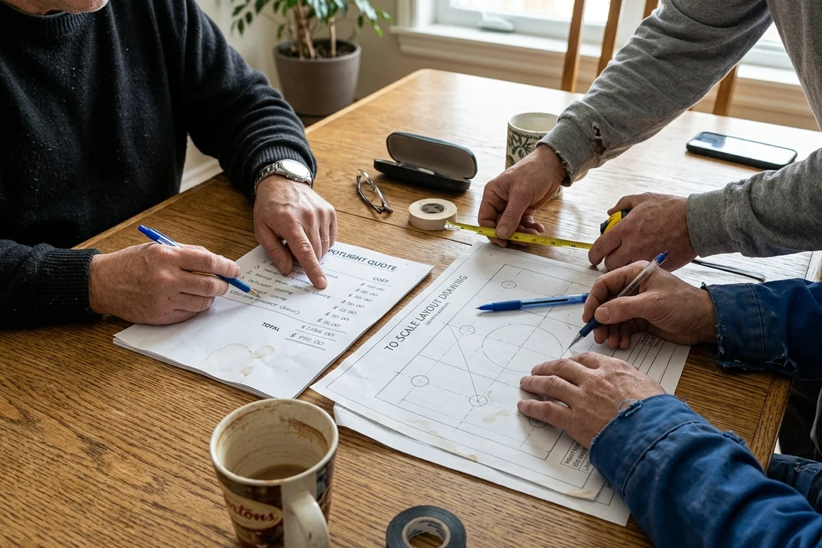 Reviewing an itemized written potlight quote and layout on a dining table