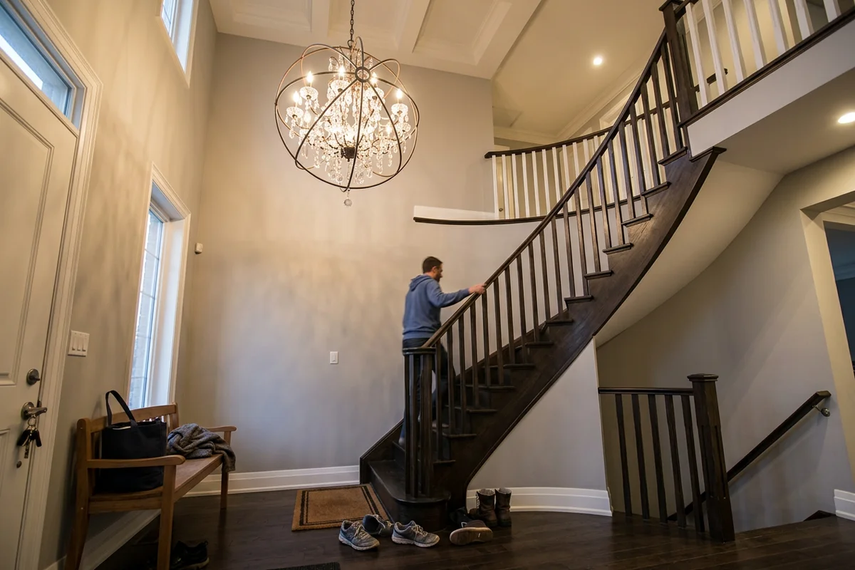 Crystal chandelier in a two-storey foyer with a curved staircase