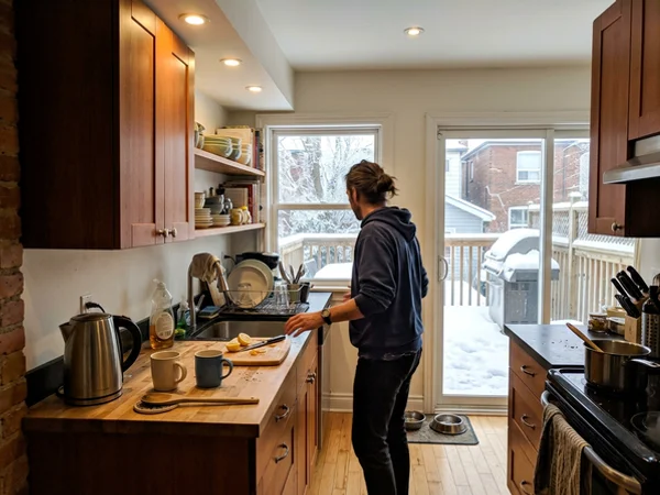 Leslieville semi kitchen with warm potlights over a galley counter