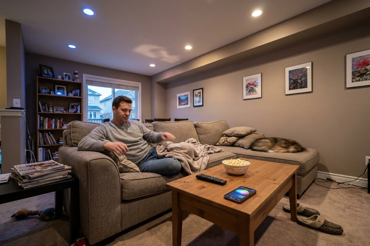 Family room with smart RGB potlights and a phone app on the coffee table