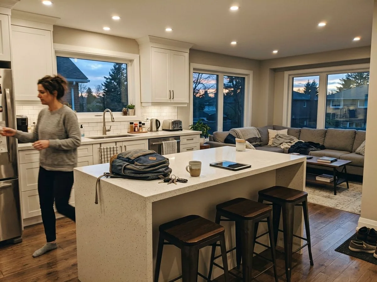 Open-concept Toronto kitchen and family room lit by warm slim LED potlights