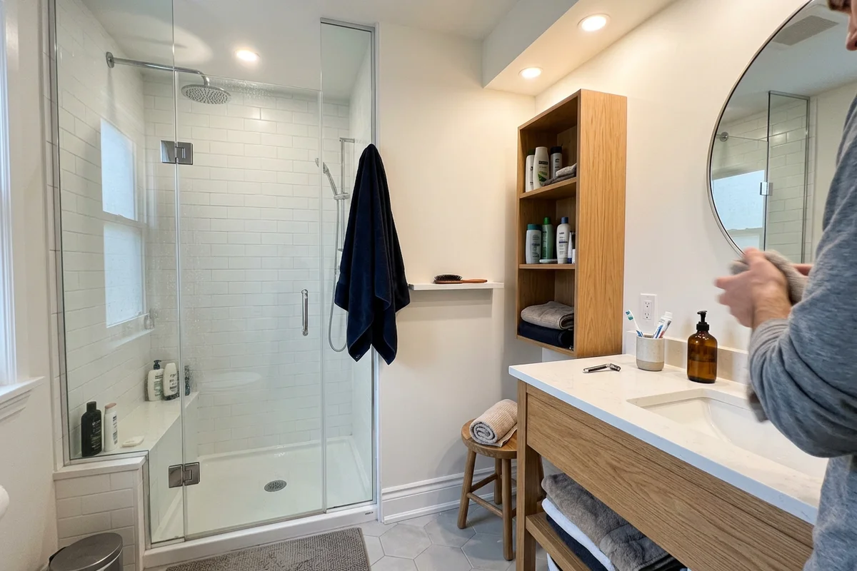 Renovated bathroom with a wet-rated potlight over the shower and vanity potlights