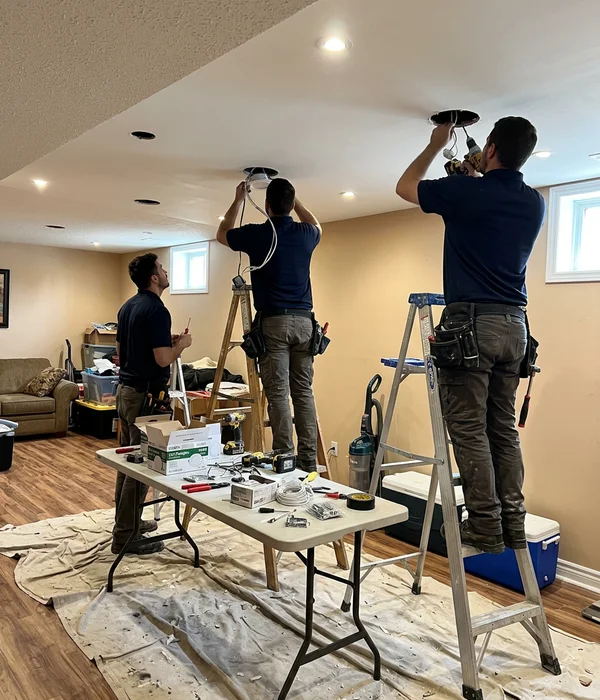 Three electricians installing potlights in a finished basement