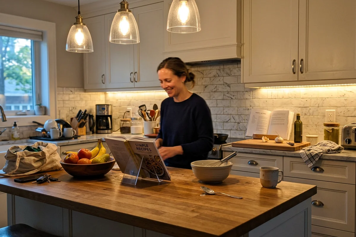 Kitchen with LED under-cabinet lighting and three pendants over the island