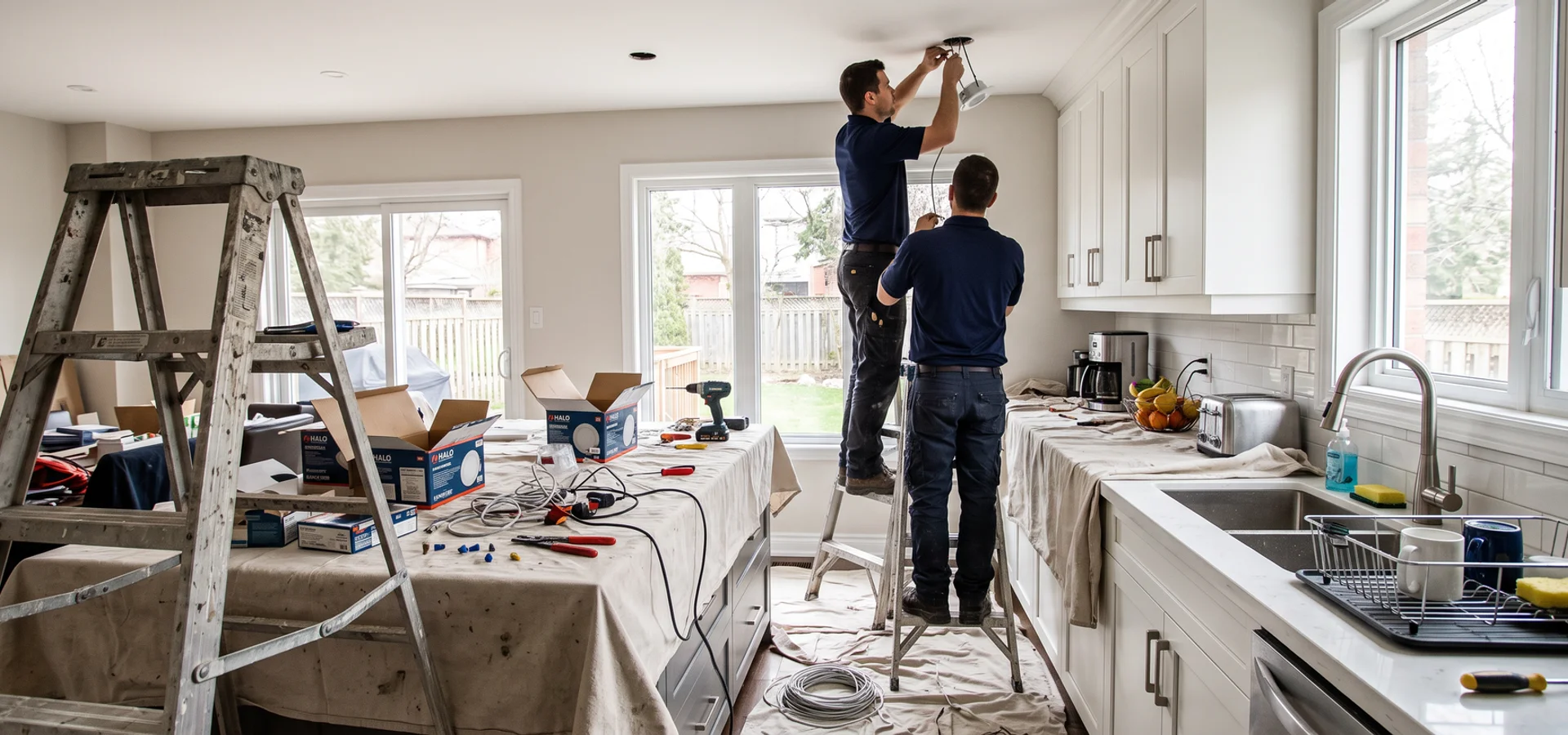 Two electricians installing LED potlights in a GTA family home