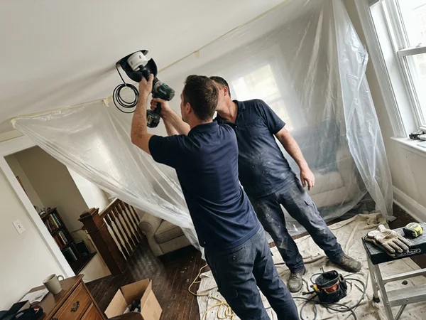 Two electricians cutting a ceiling with a dust shroud hole saw