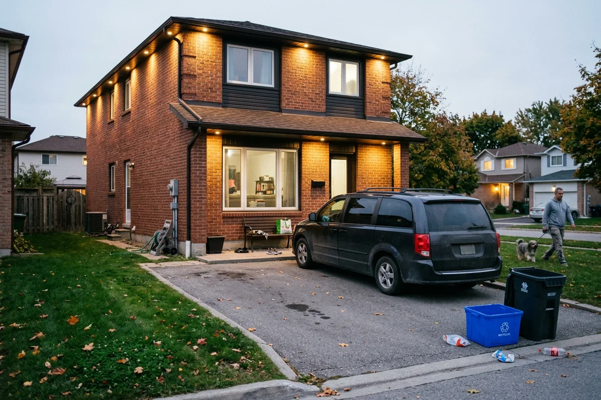 Two-storey brick home at dusk with warm soffit potlights